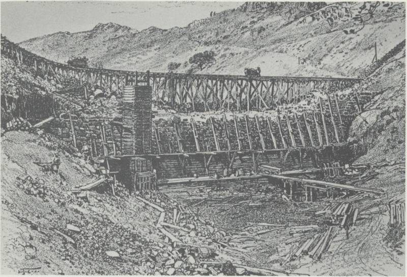 An illustration of the Walnut Grove Dam under construction, in Scribner's Magazine, January 7, 1890