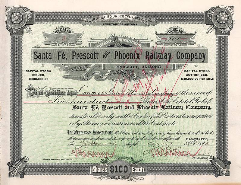 Share of the Santa Fe, Presott & Phoenix Railway Company from the 15. April 1893