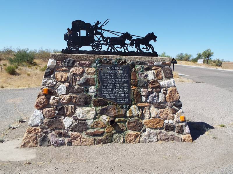 Vicinity marker where the Wickenburg Massacre took place. The Wickenburg Massacre was the mass murder of six stagecoach passengers en route from Wickenburg, Arizona Territory, westbound for San Bernardino, California, on the La Paz road on November 5