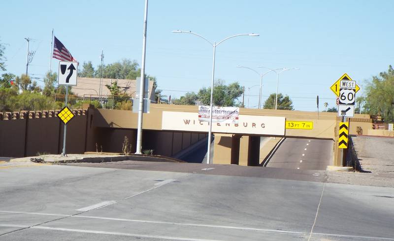 The Wickenburg Underpass was completed in 1937. One bridge carries railroad traffic while the other carries vehicular traffic