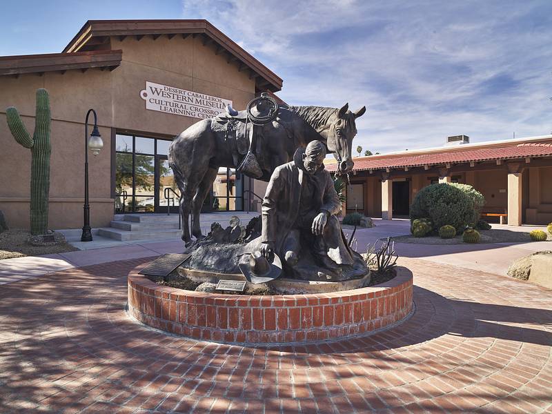 Joe Beeler's 1988 'Thanks for the Rain' sculpture outside Desert Caballeros Western Museum