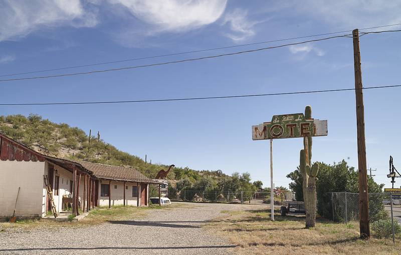 The defunct L Bar L Motel, outside Wickenburg, a small Arizona city northwest of Phoenix that was once a "rough and ready" western frontier town that still spotlights Old West scenes and dress and art and refers to its location as "out Wickenburg Way"