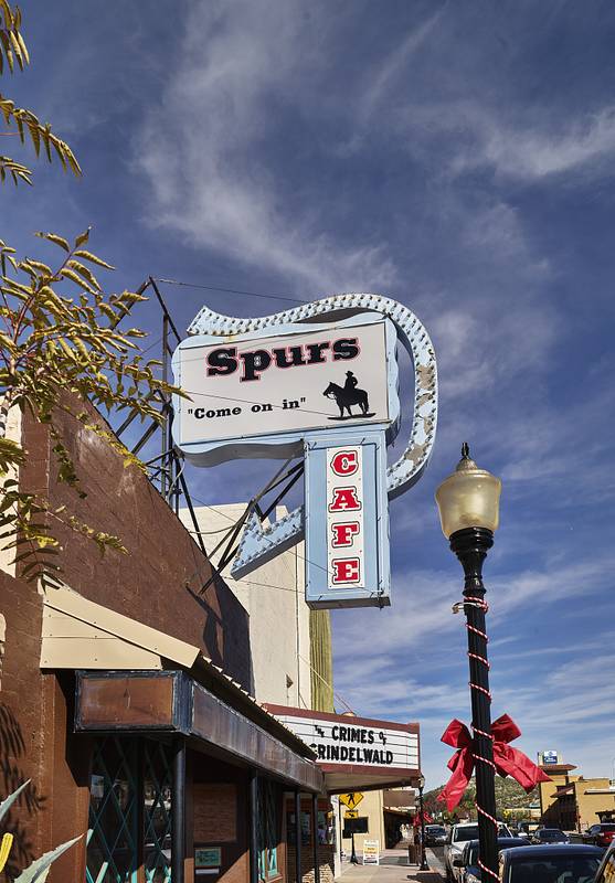 Spurs Cafe sign and marquee of the Saguaro Theater, Wickenburg