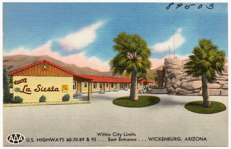 Title: La Siesta, within city limits, U.S. highways 60-70-89 & 93- east entrance- Wickenburg, Arizona Subjects: Motels Places: Arizona > Maricopa (county) > Wickenburg Notes: Title from item. Extent: 1 print (postcard) : linen texture, colo